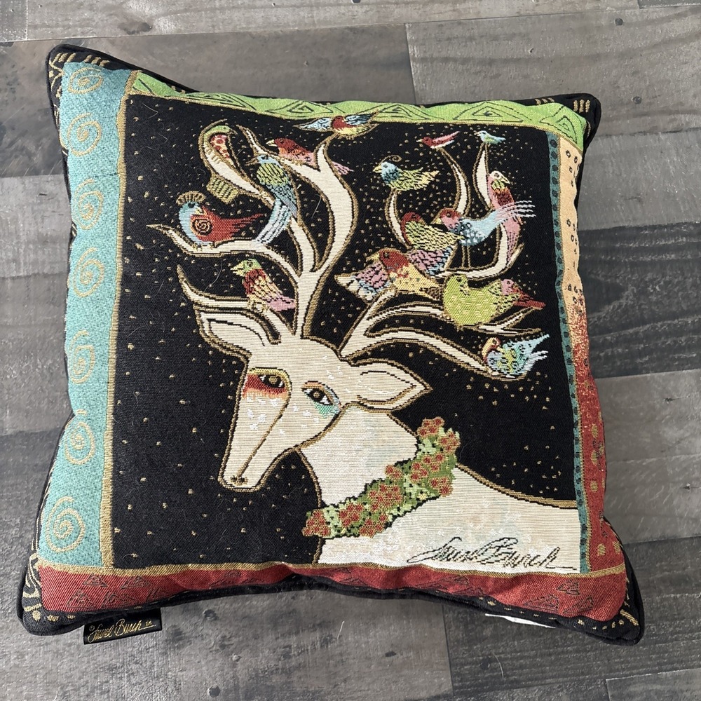 Laurel Burch "Oh Deer" Reindeer and Birds Tapestry Holiday Throw Pillow decor